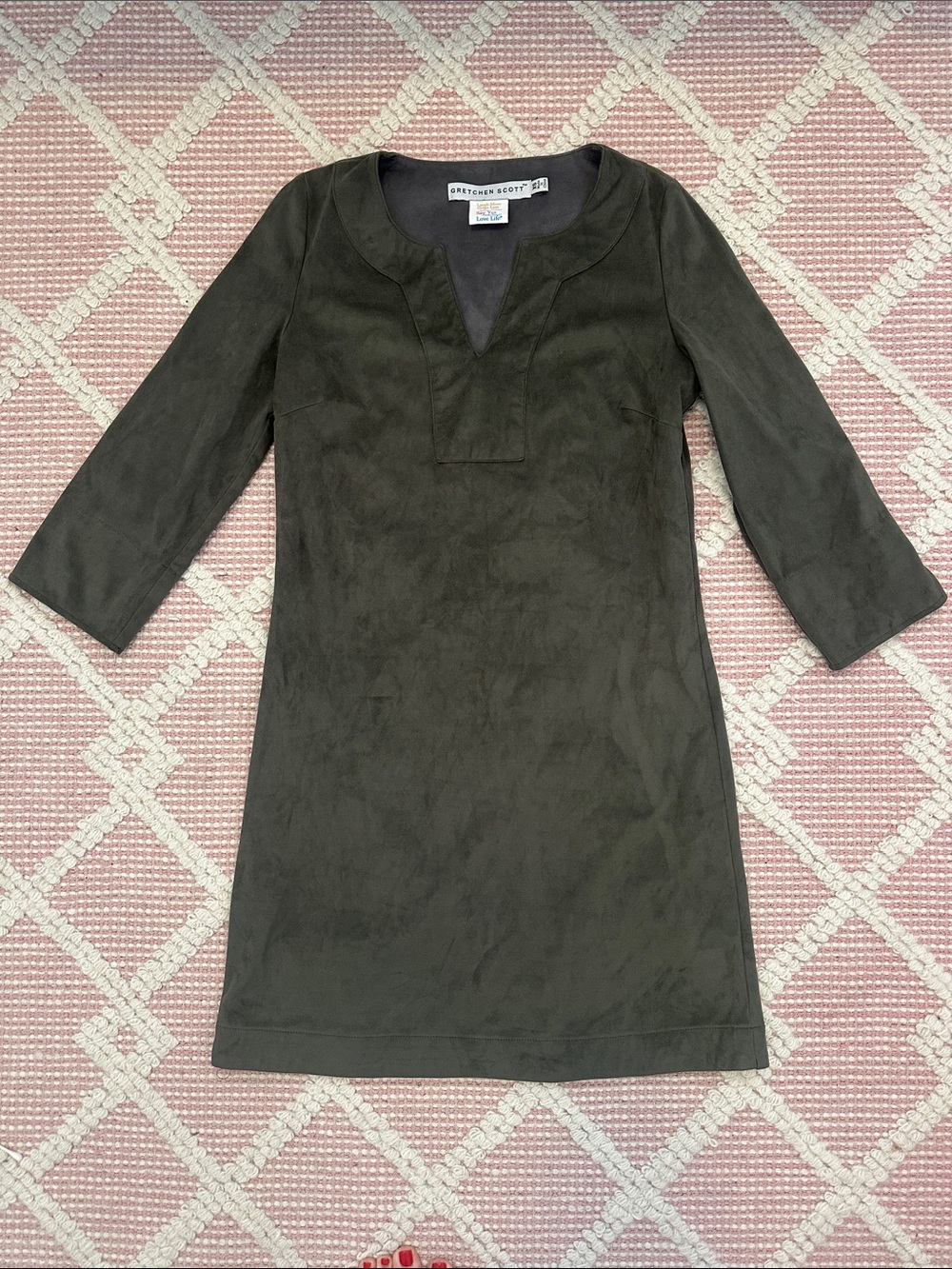 Gretchen Scott Designs Olive Green Suede-Effect Long Sleeve Shift Dress